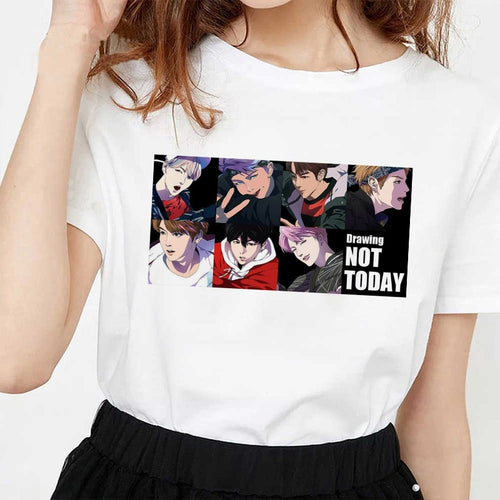 (Not Today) Women's Korean-Style Bangtan Boys Cartoon Image T-shirt  [Satisfaction Guaranteed]
